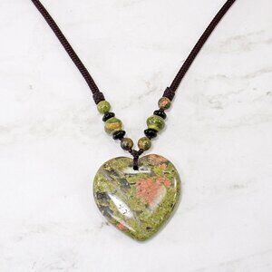 Green pink unakite heart stone pendant necklace on a brown cord with round beads